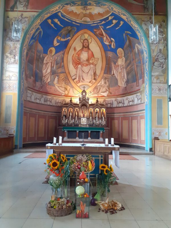 Blick auf den Altar der Olchinger Kirche, der mit Erntegaben und Sonnenblumen geschmückt ist.